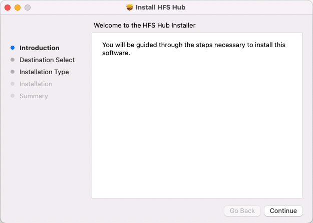 HFS Hub installer welcome screen