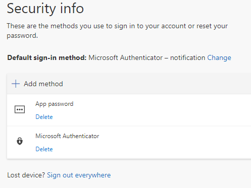Screenshot showing the security info page, which will display with the method(s) you can use to sign in to your account