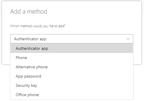 Screenshot showing the options available to add as a further multi-factor authentication method in the drop-down menu