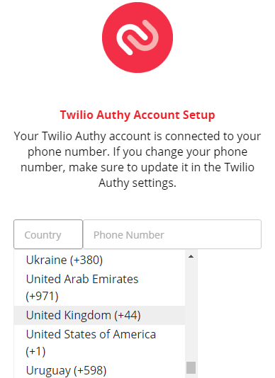 Select your country in the Twilio Authy Account Setup