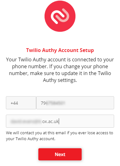 Enter a contact email address on the Twilio Authy Account Setup