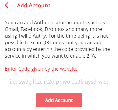 Enter the Secret key code into the Authy App Account page
