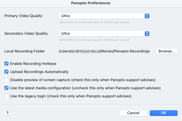 Screenshot of the Panopto for Mac preferences pane