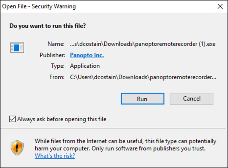Image of Windows security pop-up for Panopto Remote Recorder