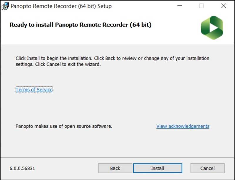 Image of Windows 'Ready to install' pop-up for Panopto Remote Recorder