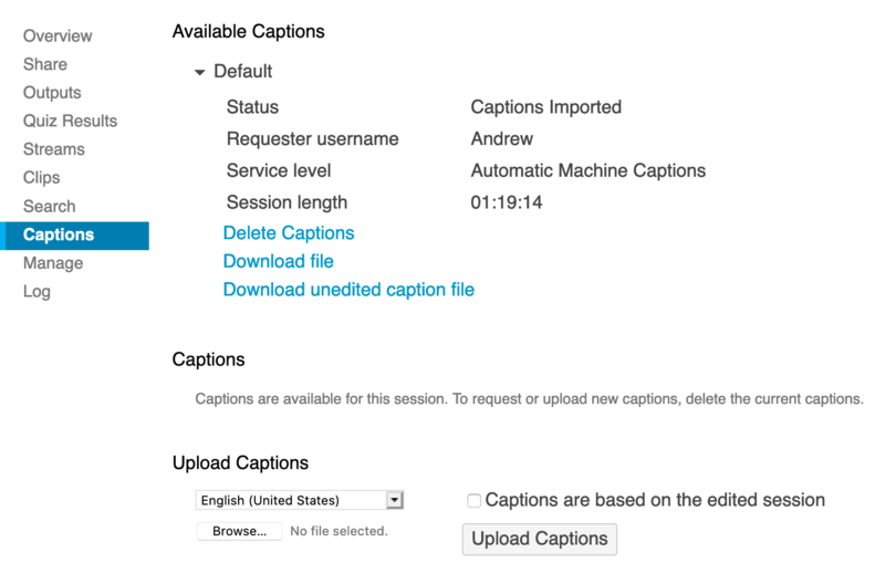 Captions settings for a session. From here you can download, upload and delete captions.
