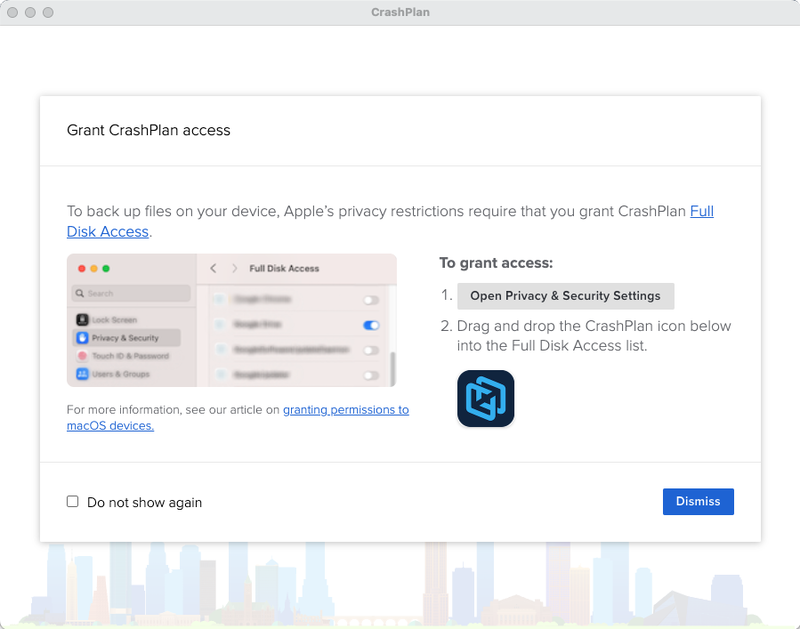 CrashPlan grant disk access request
