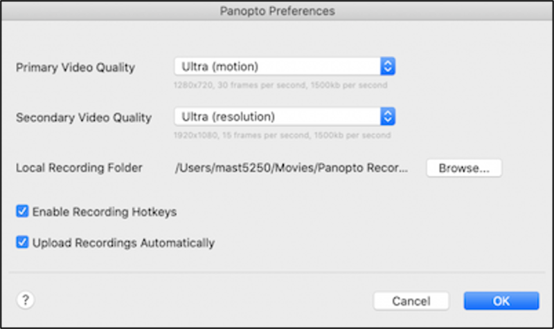 Image showing Panopto manual recorder quality settings window