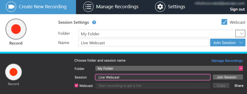 Webcasting in the Windows and macOS Panopto Manual Recorder.