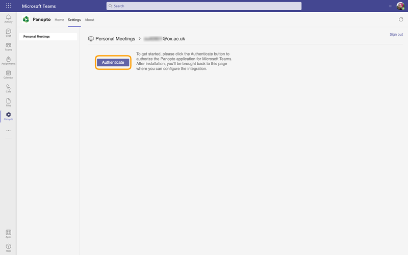 An image showing the location of the Authenticate Button in Panopto for Microsoft Teams