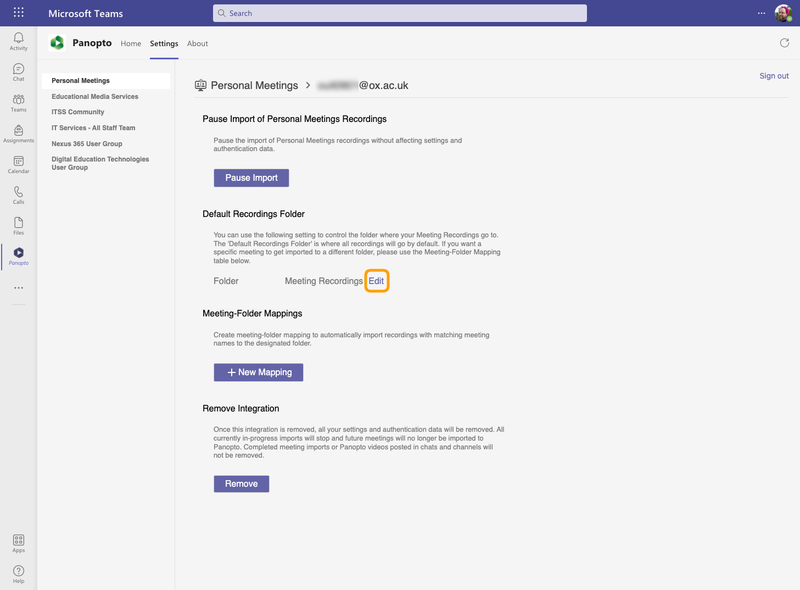 An image showing the location of the Edit button in the Panopto integration for Microsoft Teams