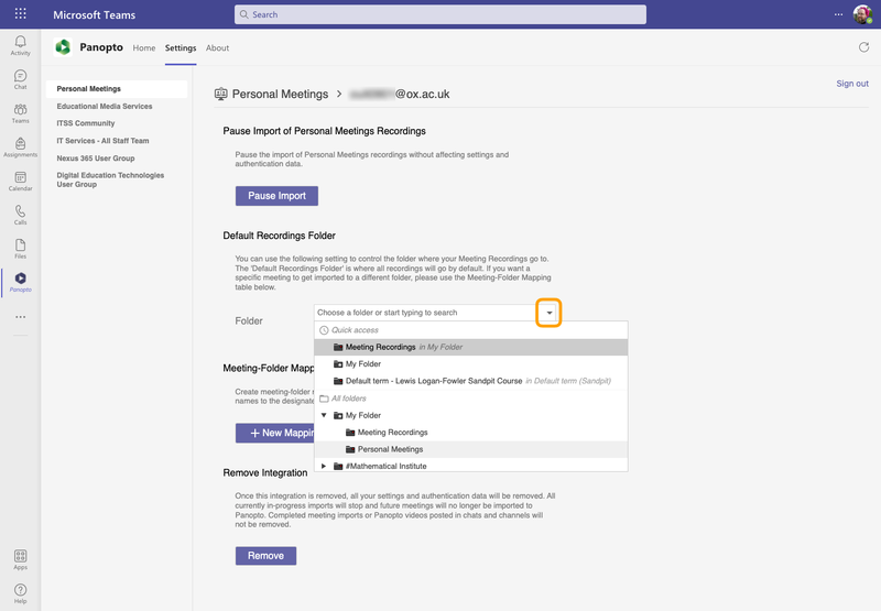 An image showing the location of the Drop Down button in the Panopto integration for Microsoft Teams