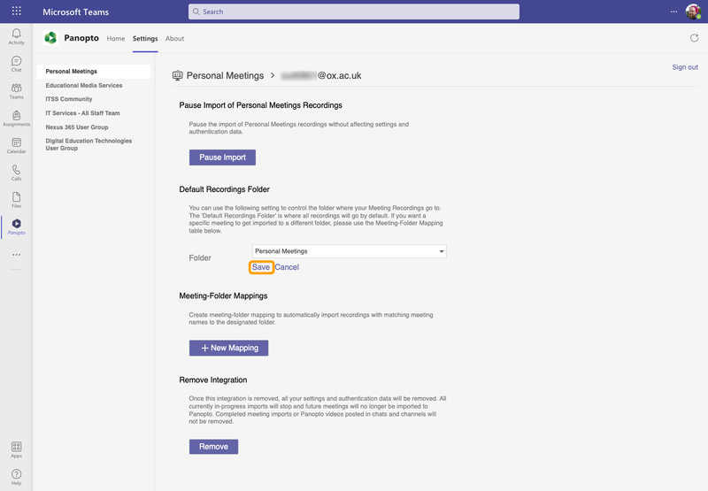 An image showing the location of the Save button in the Panopto integration for Microsoft Teams