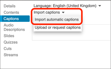 Screenshot of the import automatic captions menu item