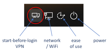 Capture of the Windows login screen showing the start-before-login VPN icon next to the normal network, ease-of-access and power icons