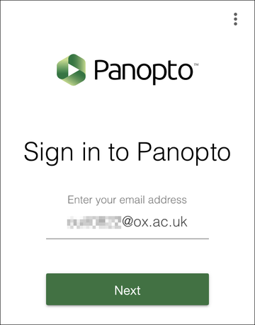 Screengrab of Panopto mobile app sign-in page