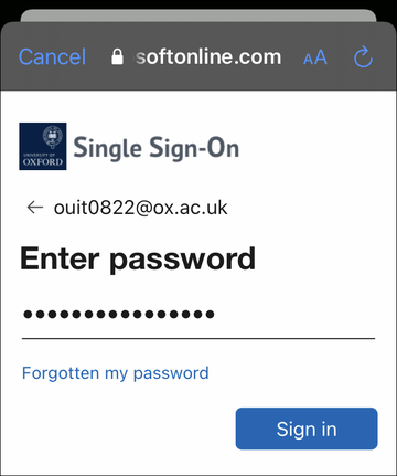 Screengrab of Panopto mobile app SSO password